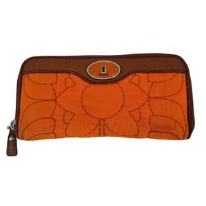 Fossil Wallet Clutch Orange Floral Quilted Nylon Brown Leather Zip Around